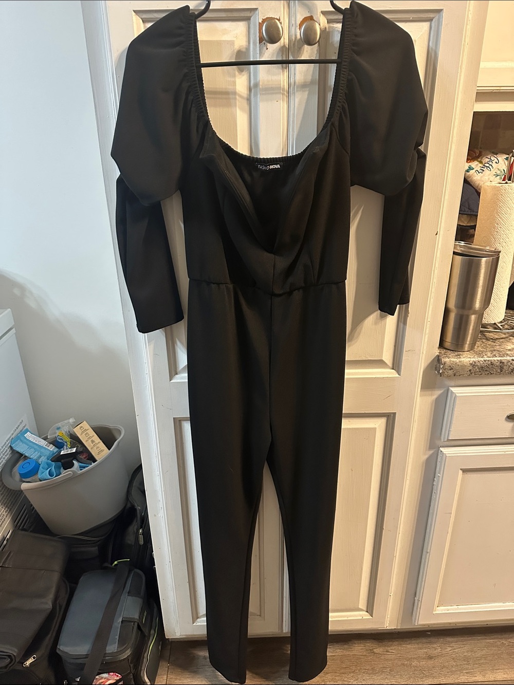 Fashion Nova Black Puff-Sleeve Jumpsuit